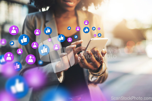 Image of Hands, social media icon or black woman with phone for communication, texting or online chat in city. Overlay, girl typing on mobile app website or digital networking with like or heart emoji