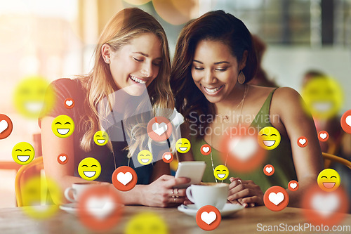 Image of Coffee shop, social media icon or friends with phone for communication, text or online dating chat. Cafe, diversity or happy people on mobile app or digital network with smile, like or heart emoji