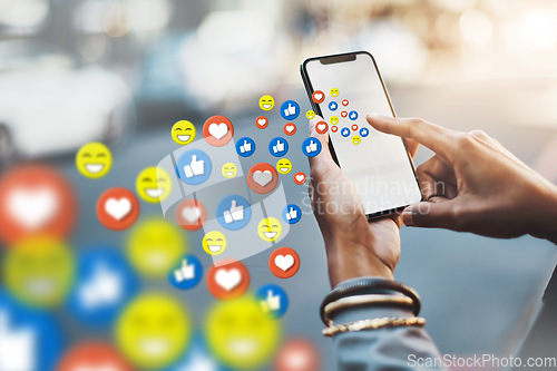Image of Hands, social media icon or girl with phone for communication, texting or online dating chat. City, overlay or woman typing on mobile app screen or digital network with like or heart emoji closeup