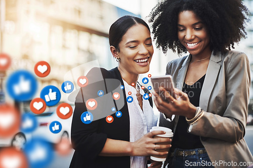 Image of City, social media icon or women with phone for communication, online content or gossip news. Black woman, friends or happy people on mobile app or digital network with memes, like or heart emoji