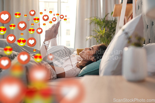 Image of Bed, love icon or girl with a phone for communication, social media texting for online dating chatting. Morning, overlay or relaxed woman on mobile app website or digital network with heart emoticons