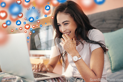 Image of Meme, social media icon or happy woman with a laptop for communication, text chat or online dating. Laugh, overlay or funny girl on a website or digital global network with love, like or heart emoji