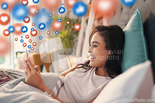 Image of Bed, social media icons or happy woman with phone for communication, text or online dating at home. Morning, memes or relaxed woman on mobile app, chat website or digital network with heart emojis