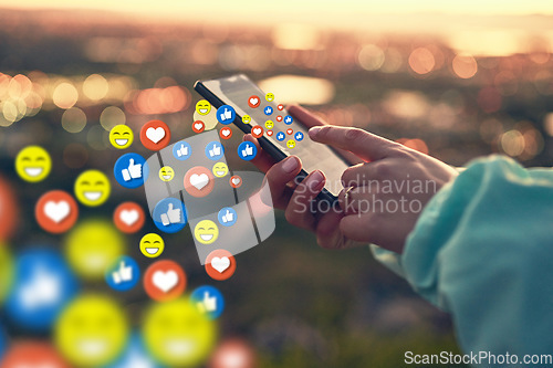 Image of Hands, social media icon or girl with phone for communication, text chat or online dating. City sunset, emoticons overlay or woman on mobile app or digital network with love, like or heart emoji