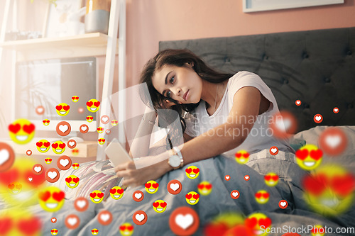 Image of Home, social media icons or woman taking a selfie for content or online dating post in bedroom. Love emojis, morning or relaxed girl on mobile app website or digital network with heart emoticons