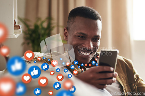 Image of Happy, social media icons or black man with phone for content or online dating post relaxing on sofa. Love, emojis or African person on mobile app website or digital network with heart emoticons