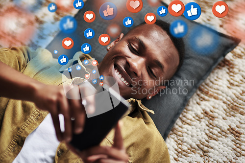 Image of Social media, love icon or black man with a phone for texting communication or online dating chat. Like, graphic overlay or relaxed person on mobile app website or digital network with heart emojis