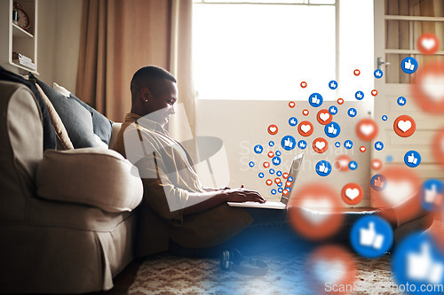 Image of Home, social media icon or black man on laptop for communication, text conversation or online dating. Like, graphic overlay or relaxed happy person on website or digital network app with heart emoji