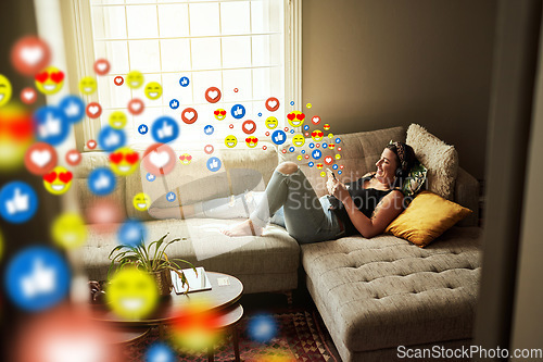 Image of Sofa, social media icon or woman with a phone for communication, social media text for online dating. Like overlay, relax or happy girl on mobile app, chat website or digital network with heart emoji