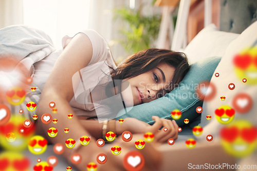 Image of Bed, love emoji or girl with a phone for communication, social media texting for online dating. Morning, graphic overlay or relaxed woman on mobile app website or digital network with heart emoticons