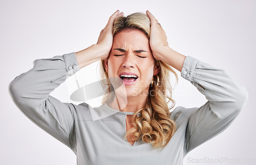 Image of Stress, headache and woman in studio with anxiety, brain fog and pain against white background. Migraine, depression and female person suffering from problem, vertigo and burnout, frustrated or tired