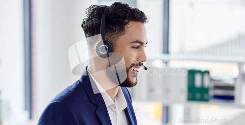 Image of Call center, consulting and smile with man in office for networking, friendly or customer service. Happy, contact us and help desk with male employee for communication, virtual and legal advice