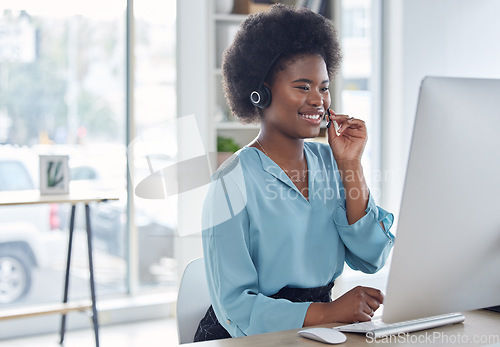 Image of Call center, consulting and smile with black woman in office for networking, friendly or customer service. Happy, contact us and help desk with employee for communication, virtual and legal advice