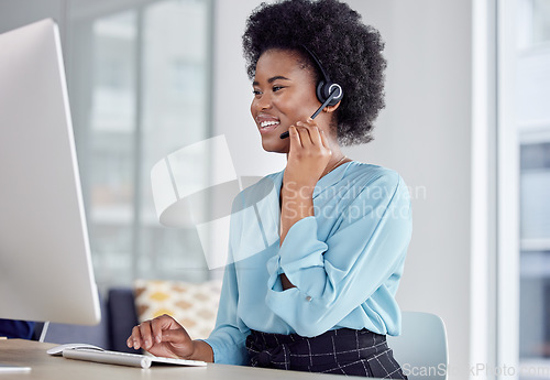 Image of Call center, consulting and computer with black woman in office for networking, friendly or customer service. Happy, contact us and help desk with employee for communication, virtual and legal advice