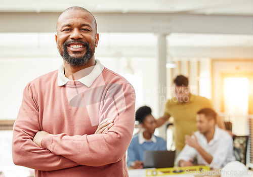 Image of Smile, business and arms crossed with portrait of black man in meeting for planning, leadership and mindset. Creative, training and strategy with employee in office for workshop, teamwork and mission