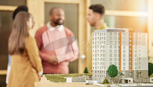 Image of Architecture team, meeting and city model in office for construction agency, development or strategy. Business people, architect teamwork and 3d prototype of buildings, property and mock up space