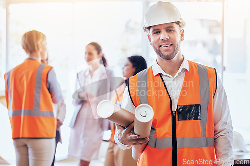 Image of Architecture, blueprint and portrait of man on construction site for planning, engineering and building. Designer, inspection and development with contractor for renovation, maintenance and industry