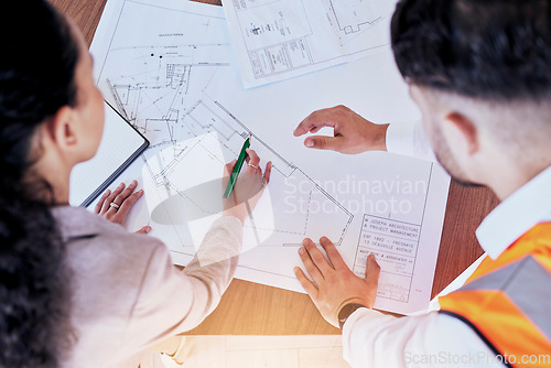 Image of Architecture, planning and blueprint with top view of people for project management, drawing and engineering. Floor plan, documents and teamwork with team of contractors for designer or construction