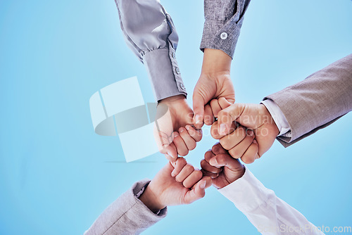 Image of Fist bump, celebrate and business team hands winning together due to support, unity and teamwork against a sky background. Friendship, below and group of corporate employees in a team building mockup
