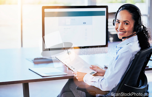 Image of Woman, call center or computer screen in portrait with smile, documents or happy crm, contact us or customer service. Consultant, paperwork or listen to voip for tech support, advice or telemarketing