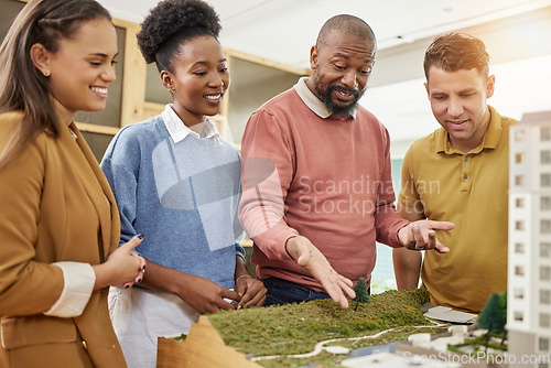 Image of Architect team, talk and city model in office for construction planning, development or strategy. Black man, women and architecture teamwork with 3d illustration of buildings, property and discussion