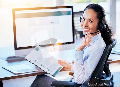 Image of Woman, call center and portrait with microphone, documents or happy for crm, contact or customer service. Consultant, paperwork and listen on voip call for tech support, advice or telemarketing job