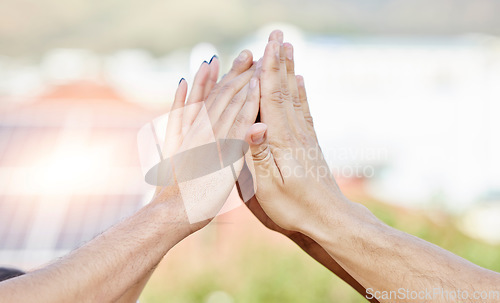 Image of People, group and high five hands for support, solidarity and teamwork of success, agreement and trust. Closeup, partnership and collaboration of community celebration, motivation and winning goals