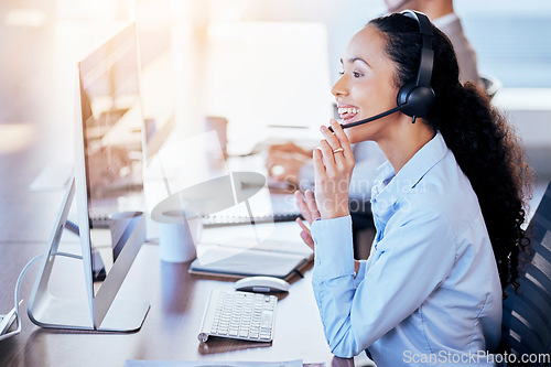 Image of Call center, computer and explain with woman in office for customer service, technical support or help desk. Telemarketing, contact us and communication with employee for legal advice and operator