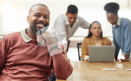 Image of Leadership, smile and portrait of black man in office for business, project management and mindset. Face, professional and development with employee in meeting for corporate, motivation or manager