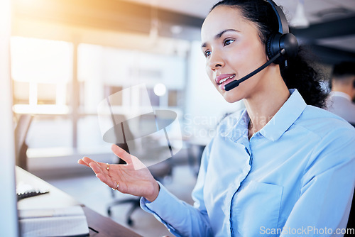 Image of Call center, help desk and listening with woman in office for customer service, technical support or hotline. Telemarketing, contact us and communication with employee for legal advice and operator