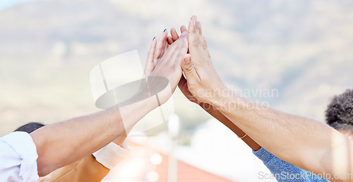 Image of People, friends and high five hands for support, solidarity and teamwork of target, agreement and trust. Closeup group, partnership and collaboration of community celebration, motivation and winning