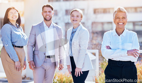 Image of Portrait, group of happy business people at team building outside modern office and employees at creative start up. Diversity, happiness and smile, man and women with proud work leader at startup.