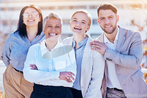 Image of Happiness, business and team portrait of group of people outside office, happy and employees at creative startup. Diversity, teamwork or smile, man and women in outdoor picture together at workplace.