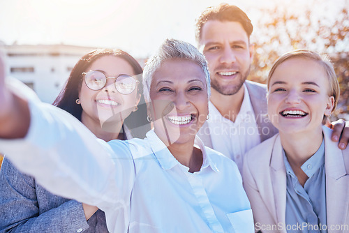 Image of Selfie, happiness and woman boss with team outside office with happy business employees at creative start up. Diversity, group of people and smile, work friends in staff picture together at workplace