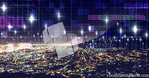 Image of Data, network and digital with city at night for connection, cyber and cloud computing. Technology abstract, communication and futuristic with skyline of urban town for internet, media and light
