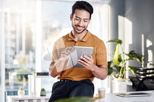 Image of Tablet, office research and happy man typing UX web design, app wireframe development or monitor online software. SEO algorithm, web traffic statistics and person work on webdesign for website layout
