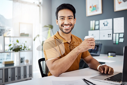 Image of Morning portrait, coffee or happy man, office agent or consultant smile for career, job or project satisfaction. Tea cup drink, hydration or person with work happiness, entrepreneurship or confidence