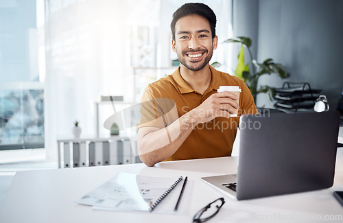 Image of Portrait, business and Asian man with a smile, laptop and connection with coffee, startup and creativity. Face, male employee or entrepreneur with happiness, cappuccino and technology for new project