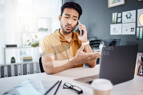 Image of Phone call, stress and Asian man with glitch on laptop for 404 problem, mistake and error in office. Communication, business and male worker on computer talking, frustrated and consulting for help