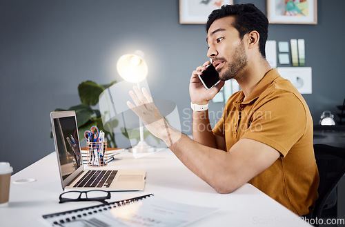 Image of Phone call, explaining and man on laptop for creative proposal, website design and virtual or digital advice. Designer or person in online communication, talk on mobile or problem solving on computer