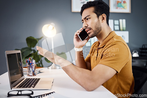 Image of Phone call, frustrated and Asian man with problem on laptop with glitch, mistake and error in office. Communication, business and male worker on computer talking, confused and consulting for help