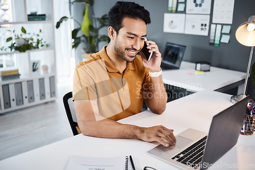 Image of Phone call, smile and strategy with a business man chatting while working at his desk in the office. Mobile, contact and communication with a young male employee chatting or networking for planning