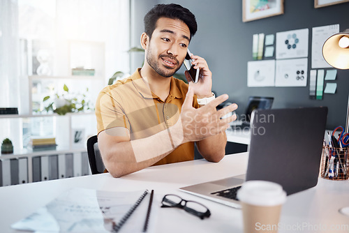 Image of phone call, laptop and business man with creative discussion, virtual advice or website design proposal. Office communication of digital designer or person on computer, software and web development