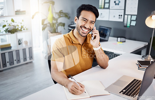 Image of Happy man, phone call and office planning, business discussion and online chat for project on laptop. Excited Asian person or designer communication, writing notes or contact information on notebook