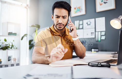 Image of Phone call, confused and Asian man with problem in office for issue, mistake and error in office. Communication, business and male worker on smartphone talking, frustrated and consulting for help