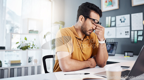 Image of Headache, office burnout and man with mistake, pain or stress from software system error. Mental health, 404 laptop glitch and business person with depression, emergency or tension problem