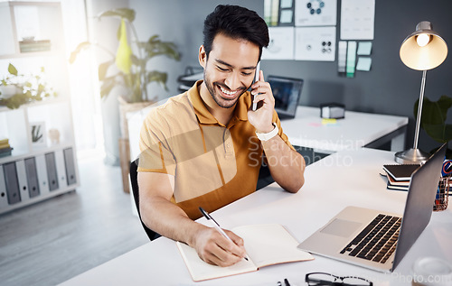 Image of Happy man, phone call and writing notes for business planning, online project or creative development. Asian person or graphic designer talking in office communication, notebook planner and computer