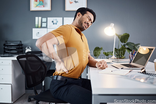 Image of Back pain, business man and stress at night at office desk with injury and health problem. Asian male entrepreneur with technology, mental health or burnout while tired or fatigue and working late