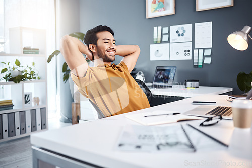 Image of Business, employee and Asian man relax, thinking and ideas for new project, productivity and happiness. Entrepreneur, creative and happy male person with a smile, creativity and thoughts for planning