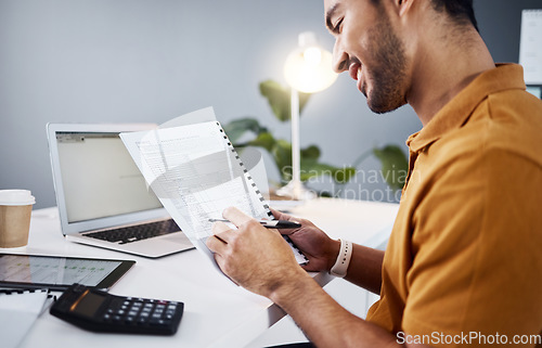 Image of Finance, documents and calculator of business man with taxes, accounting and profit, revenue or growth review. Numbers, invoice check and accountant, entrepreneur or person with financial paperwork